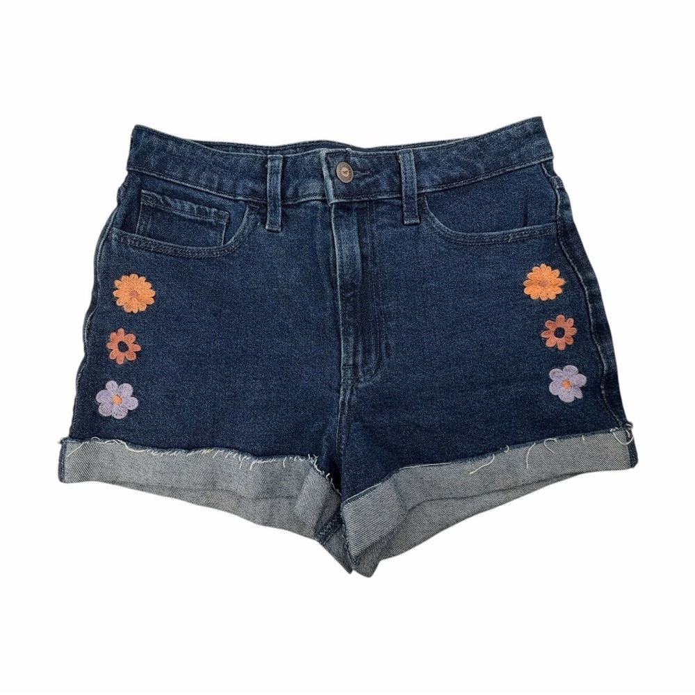 Hollister Ultra High-Rise Dark Wash Roll Cuff  Embroidered Denim Shorts Size 5